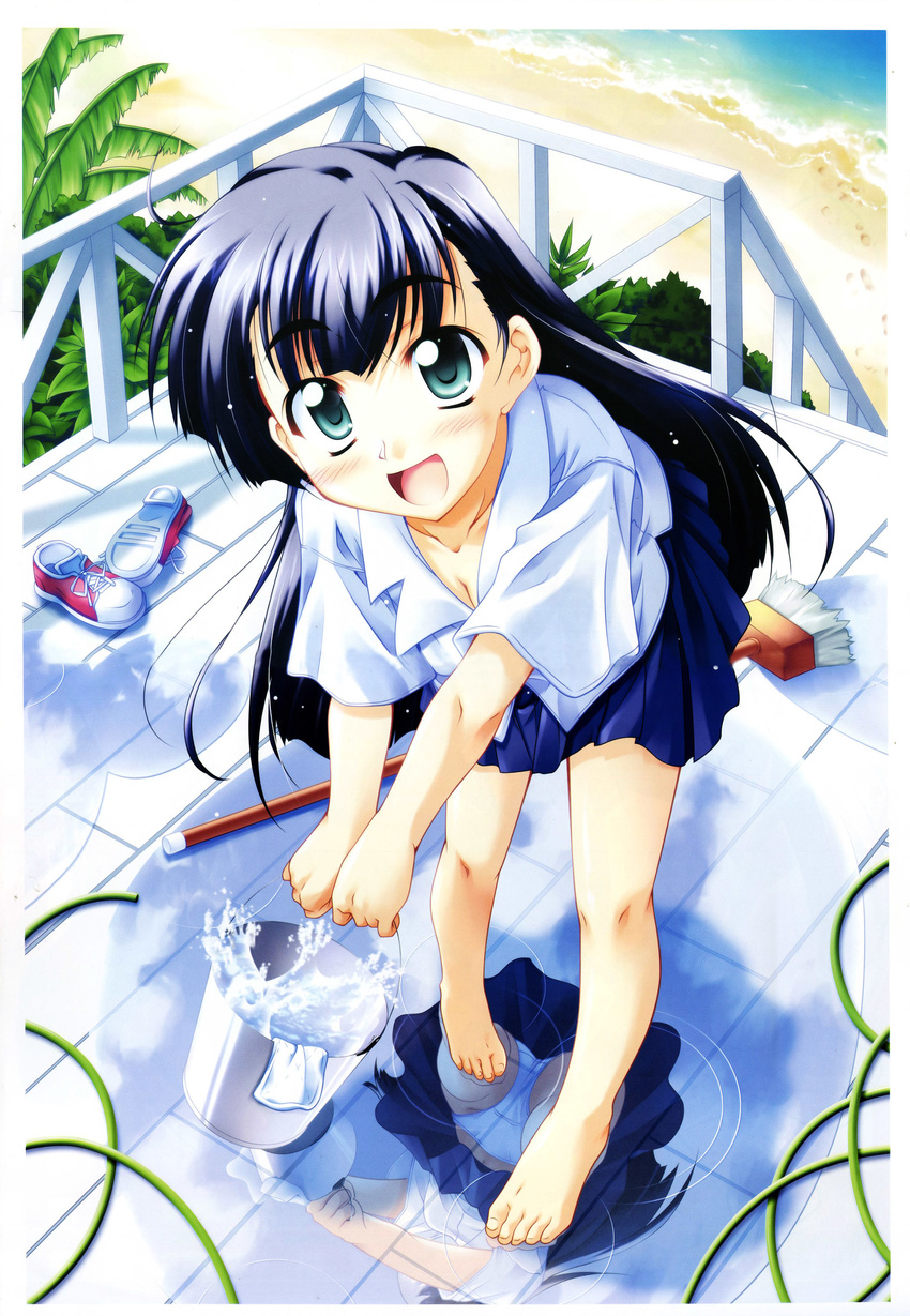 :d absurdres aqua_eyes barefoot beach black_hair blush breasts bucket cleavage day feet girl's_avenue greek_toe highres hose legs long_hair medium_breasts megami open_mouth panties pantyshot puddle reflection shoes shoes_removed skirt smile solo takeya_masami toes underwear water wet white_panties