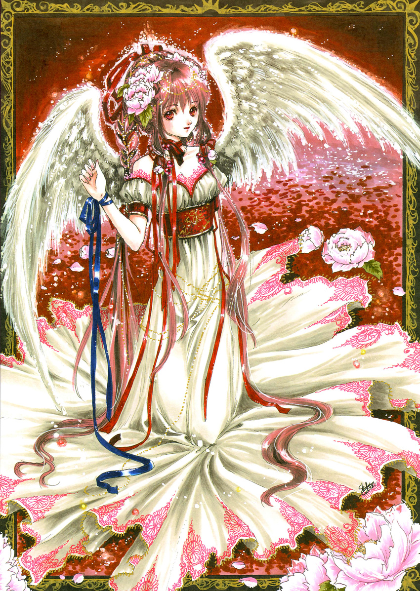 absurdres angel angel_wings bare_shoulders dress flower hair_flower hair_ornament hair_up highres long_hair marker_(medium) original peony_(flower) petals red_hair ribbon scan shiitake_(gensoudou) solo traditional_media white_dress wings