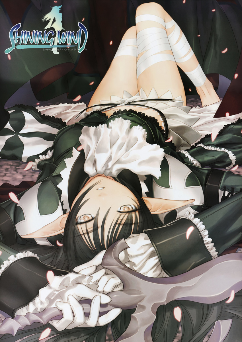 absurdres ascot bandages black_hair elf gloves highres legs long_hair lying midriff on_back petals pointy_ears shining_(series) shining_wind skirt solo sword tanaka_takayuki upside-down weapon xecty_ein yellow_eyes
