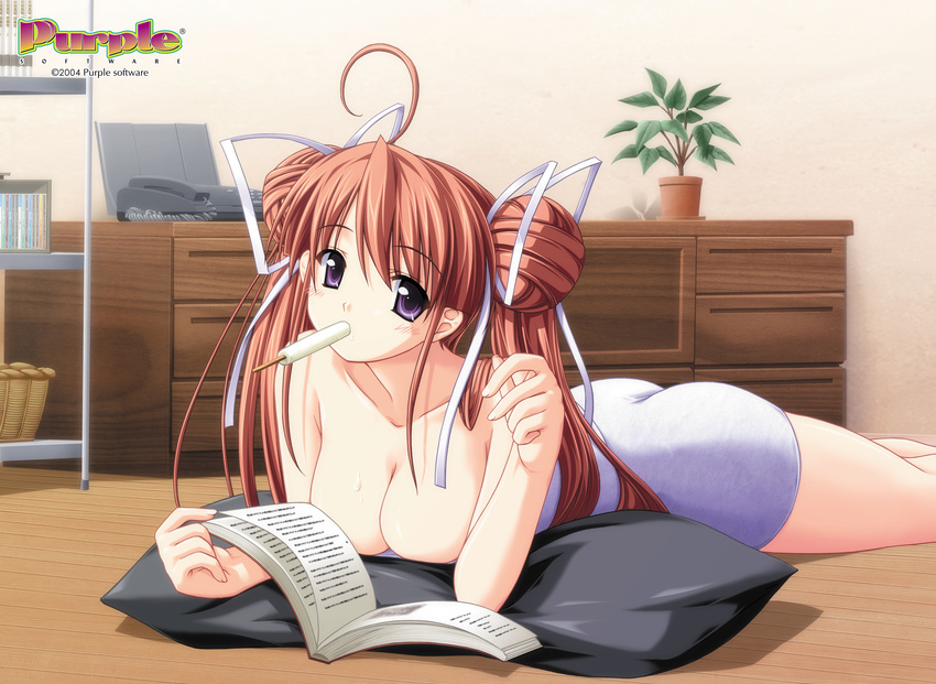 2004 absurdres ahoge ashitaba_yuuri ass blush book breasts cd cleavage double_bun downblouse dress fax_machine food hair_ribbon highres iwasaki_kouji large_breasts long_hair lying majipuri messy mouth_hold naked_towel non-web_source official_art on_stomach pillow pink_hair plant popsicle potted_plant purple_eyes reading ribbon solo strapless strapless_dress tight towel tube_dress twintails