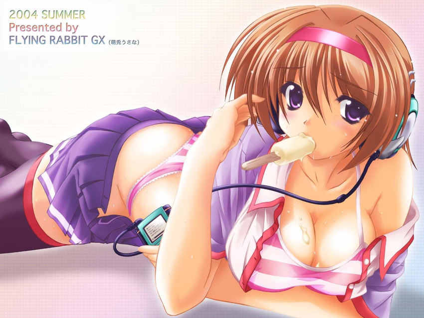 2004 ass black_legwear bra breasts brown_hair cleavage copyright_request digital_media_player embarrassed food hairband hand_on_ear headphones highres lace lace-trimmed_panties large_breasts lingerie lying mouth_hold off_shoulder on_stomach open_clothes open_shirt open_skirt panties pleated_skirt popsicle purple_eyes school_uniform sexually_suggestive shirt short_hair skirt solo striped striped_bra striped_panties thighhighs underwear us@myo