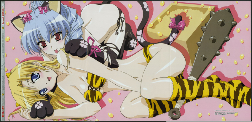 :p all_fours animal_ears animal_print back bandeau bikini black_legwear blonde_hair blue_eyes blue_hair blush boots bow braid breasts butt_crack canvas_2 cat_ears cat_tail cleavage club cosplay crease elbow_gloves fujinami_tomoko gloves hair_bow happy highres horns housen_elis hug kanabou knee_boots long_hair lowleg lowleg_bikini medium_breasts multiple_girls nitta_yasunari oni oni_horns paw_gloves paws ponytail red_eyes ribbon side-tie_bikini single_braid smile strapless swimsuit tail tail_ribbon thighhighs tiger_print tongue tongue_out torn_clothes tubetop weapon