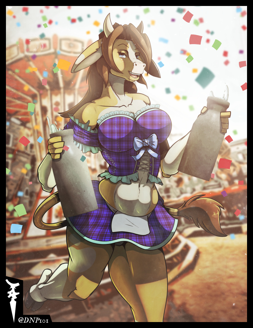 amy_(lcut) belly bottomwear bovid bovine brown_hair cattle clothing dnp101 dress female festival freckles grey_eyes gynomorph hair hi_res horn intersex mammal milk skirt