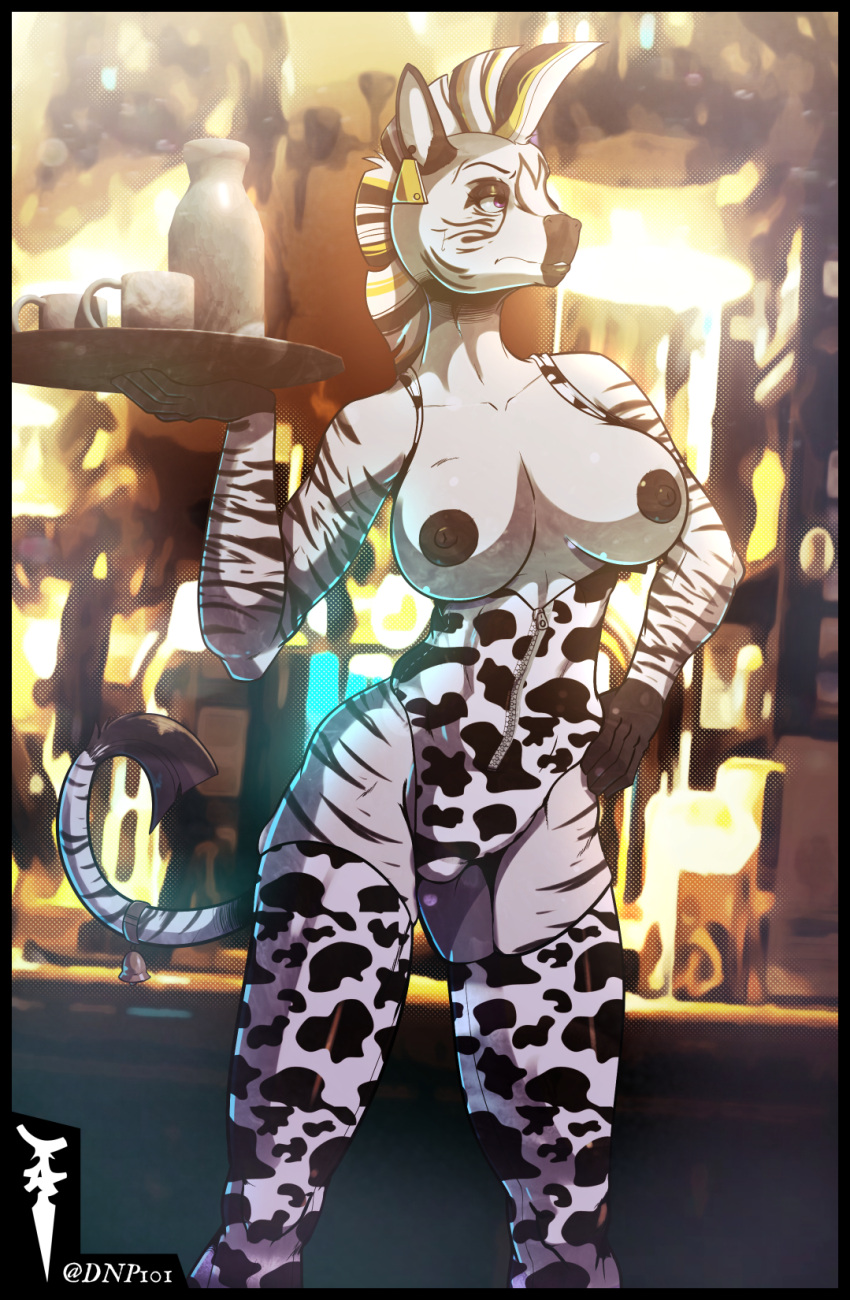 animal_print breasts clothing cow_print dnp101 equid equine exposed exposed_breasts female hi_res invalid_tag legwear mammal milk nipples stockings stripes thigh_highs unifrom waiter zebra