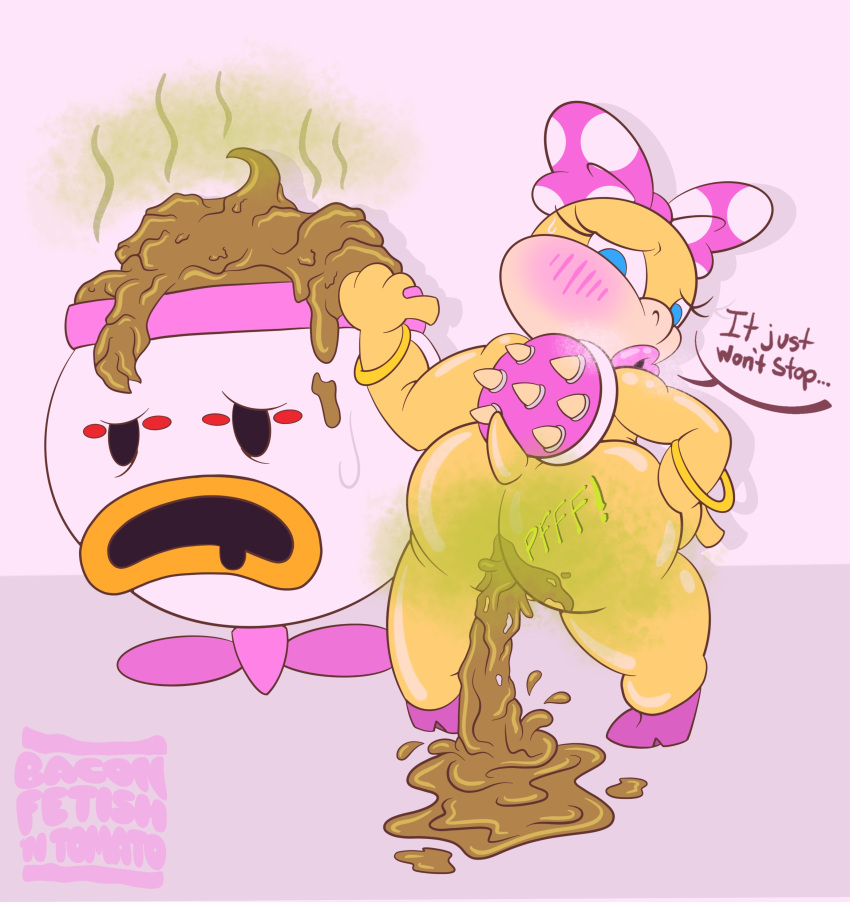 absurd_res accessory anthro baconfetish'ntomato big_butt bodily_fluids butt clothing dialogue diarrhea digital_media_(artwork) distressed english_text fart fart_cloud feces female footwear glistening glistening_body hair_accessory hair_bow hair_ribbon hand_on_hip hi_res hyper hyper_feces jewelry koopa koopa_clown_car koopaling lips looking_back mario_bros nintendo nude open_mouth pooping raised_tail ribbons scalie scat shell shoes simple_background smelly speech_bubble spikes stink_lines sweat sweatdrop text thick_thighs video_games wendy_o._koopa wide_hips yellow_body yellow_skin