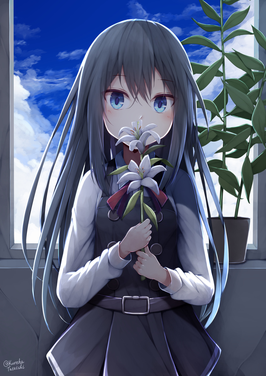 1girl asashio_(kancolle) belt belt_buckle black_belt black_dress black_hair blue_eyes blush buckle buttons collared_shirt dress eyebrows_visible_through_hair flower hair_between_eyes hamayuu_(litore) highres holding holding_flower kantai_collection long_hair pinafore_dress red_ribbon remodel_(kantai_collection) ribbon shirt solo twitter_username upper_body white_flower white_shirt