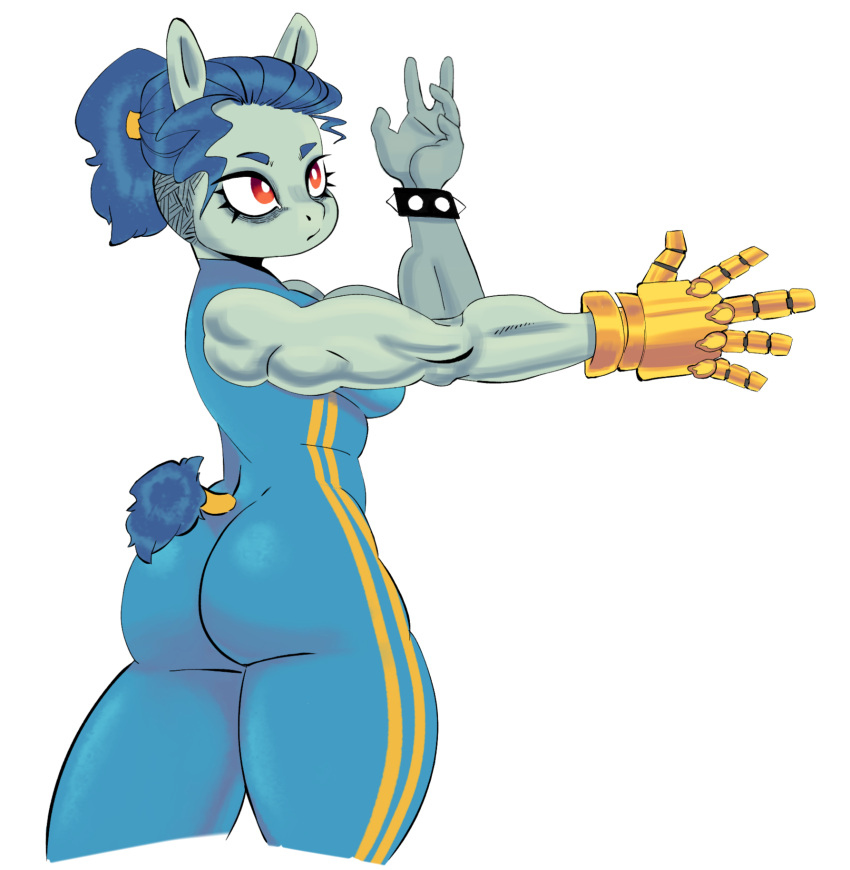 anthro bracelet butt clothing equid equine eyebags fan_character female hair hi_res horse jewelry mammal muscular muscular_anthro panthera_cantus pony ponytail prosthetic prosthetic_limb solo tight_clothing wide_hips