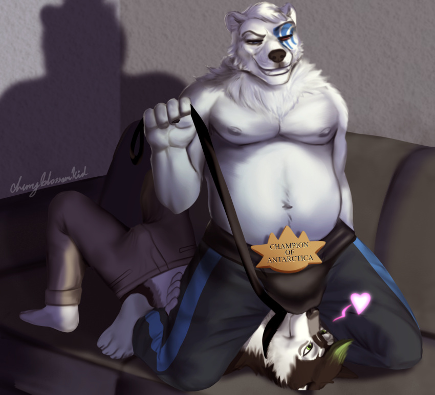 &lt;3 anthro bulge bulge_in_face canid canine canis cherry_blossom_kid clothed clothing domestic_dog duo heithingur hi_res husky leash male male/male mammal nordic_sled_dog overweight overweight_male polar_bear spitz topless ursid ursine wrestling_outfit