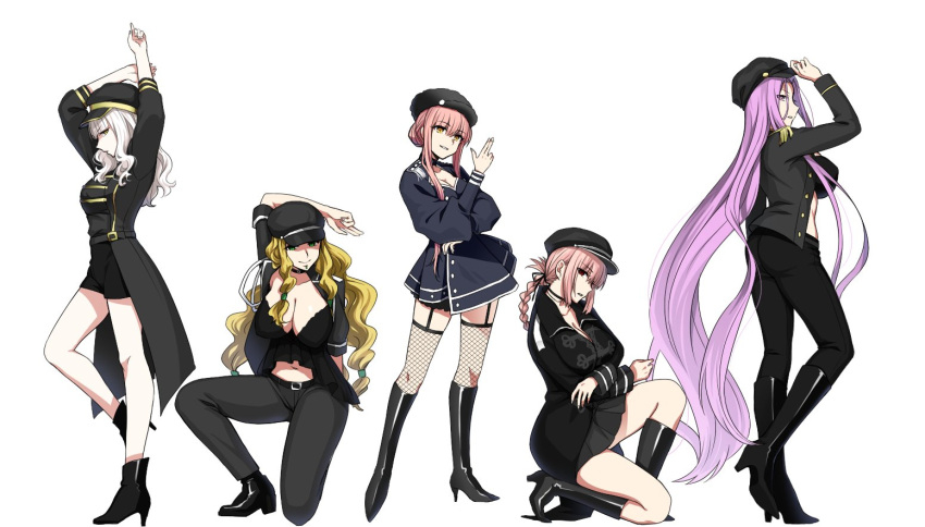 5girls belt black_headwear blonde_hair boots braid braided_ponytail breasts carmilla_(fate) fate/grand_order fate_(series) florence_nightingale_(fate) garter_belt garters green_eyes hat long_hair looking_at_viewer medb_(fate) medb_(fate)_(all) multiple_girls nyakelap one_knee pants parody pink_hair purple_hair quetzalcoatl_(fate) red_eyes rider silver_hair standing thighhighs uniform white_background yellow_eyes