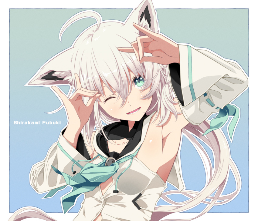 1girl ahoge animal_ears armpits braid eyebrows_visible_through_hair fox_ears fox_girl fox_tail hair_between_eyes hololive long_hair looking_at_viewer one_eye_closed shirakami_fubuki tail tsukumo virtual_youtuber white_hair