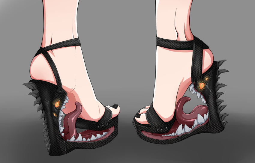 1other ambiguous_gender black_footwear black_nails colored_sclera commentary commission feet foot_focus foot_licking gradient gradient_background grey_background high_heels highres licking living_clothes marco-marco monster nail_polish orange_sclera original second-party_source soles teeth tongue