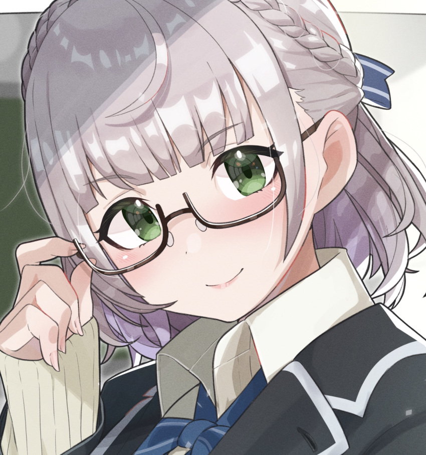 1girl adjusting_eyewear bangs black-framed_eyewear blazer blunt_bangs blush breasts closed_mouth eyebrows_visible_through_hair glasses green_eyes grey_hair head_tilt highres hololive jacket large_breasts lips long_sleeves looking_at_viewer school_uniform semi-rimless_eyewear shirogane_noel short_hair smile smug solo tatedano_kabae under-rim_eyewear uniform upper_body virtual_youtuber