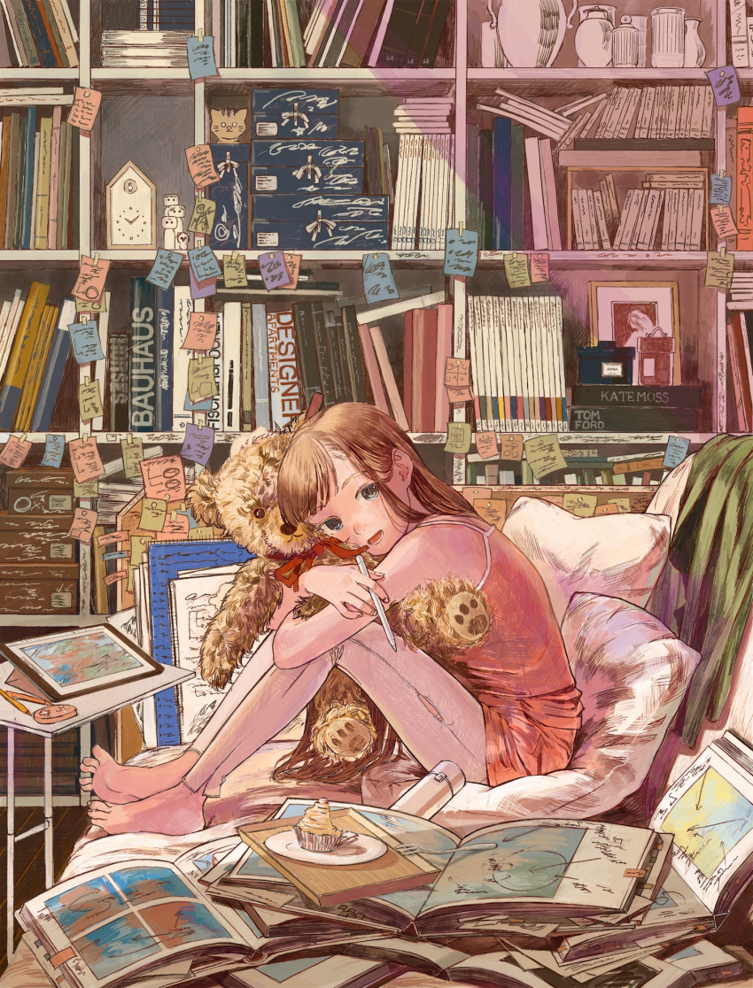 1girl bare_shoulders barefoot blue_eyes book bookshelf box brown_hair camisole clock commentary_request cupcake eikoh english_commentary food fork highres holding holding_stuffed_toy long_hair looking_at_viewer mixed-language_commentary neck_ribbon object_hug open_mouth original pants pencil picture_book picture_frame pillow red_ribbon ribbon sitting smile solo sticky_note stuffed_animal stuffed_toy stylus table tablet_pc teddy_bear torn_clothes torn_pants tray vase