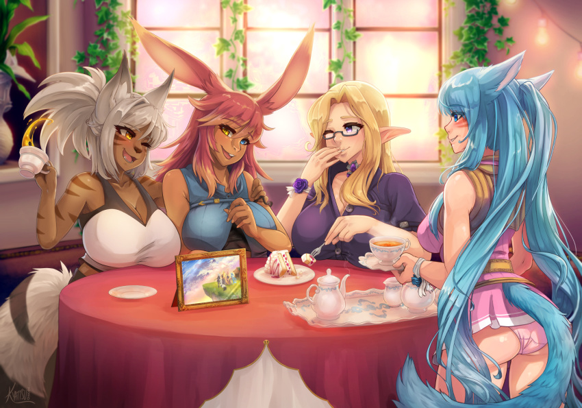 4girls animal_ears aqua_eyes aqua_hair ass bangs blonde_hair breasts bunny_ears cake cat_ears cat_tail choker cleavage cup elezen elf eyebrows_visible_through_hair facial_mark final_fantasy final_fantasy_xiv food glasses grey_hair hair_between_eyes indoors kyattsu large_breasts long_hair looking_at_another miqo'te multicolored_hair multiple_girls one_eye_closed open_mouth photo_(object) pointy_ears purple_eyes purple_shirt red_hair semi-rimless_eyewear shirt short_hair sitting sleeveless standing tail tank_top tattoo teacup teapot twintails two-tone_hair viera whisker_markings yellow_eyes