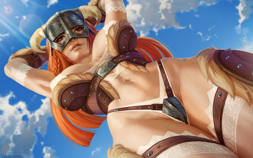 1girl abs armor armpits arms_up blue_eyes breasts breasts_apart brown_gloves cloud covered_nipples crotch_plate day dovahkiin english_commentary from_below fur_trim gloves helmet highres horned_helmet large_breasts leather leather_armor leather_gloves legs_together lens_flare lingerie lips long_hair looking_at_viewer navel nose orange_hair sheer_legwear solo standing the_elder_scrolls the_elder_scrolls_v:_skyrim themaestronoob thighhighs toned underbust underwear white_garter