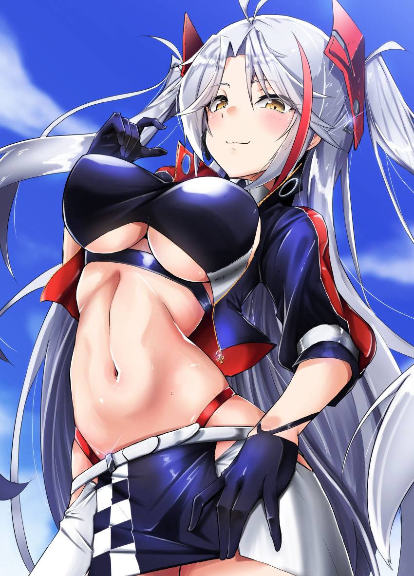1girl absurdres antenna_hair azur_lane bangs belt black_gloves blue_sky blush breasts checkered checkered_flag closed_mouth clothing_cutout cloud commentary_request covered_nipples cowboy_shot crop_top cropped_jacket cropped_shirt cross day earpiece eyebrows_visible_through_hair flag glint gloves hair_between_eyes half_gloves hand_on_hip hand_up headgear highres iron_cross jacket large_breasts long_hair looking_at_viewer multicolored_hair navel official_alternate_costume open_clothes open_jacket orange_eyes panties panty_straps parted_bangs partial_commentary prinz_eugen_(azur_lane) prinz_eugen_(final_lap)_(azur_lane) purple_jacket purple_shirt purple_skirt race_queen red_hair red_panties shirt short_sleeves sidelocks silver_hair skirt sky smile solo standing stomach streaked_hair swept_bangs tenteru two-tone_skirt two_side_up underboob underboob_cutout underwear very_long_hair white_belt white_skirt