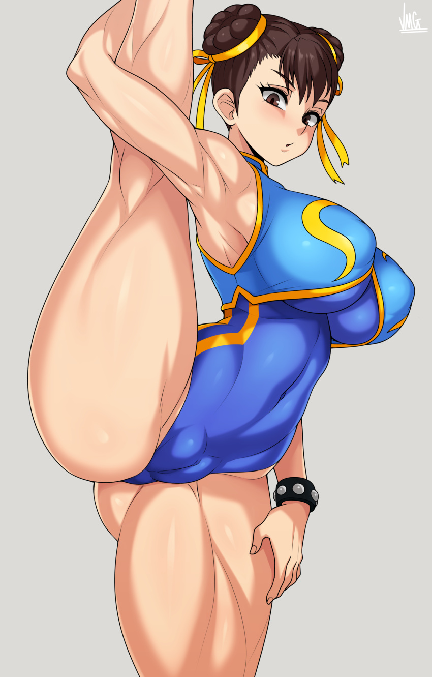 1girl :o absurdres alternate_costume ass ass_visible_through_thighs blue_leotard bracelet breasts brown_eyes brown_hair chun-li double_bun earrings fingerless_gloves gloves hand_on_thigh high_kick highres jewelry jmg kicking large_breasts leotard lips mixed-language_commentary short_hair sleeveless solo spiked_bracelet spikes split standing standing_on_one_leg standing_split street_fighter street_fighter_zero_(series) thighs toned