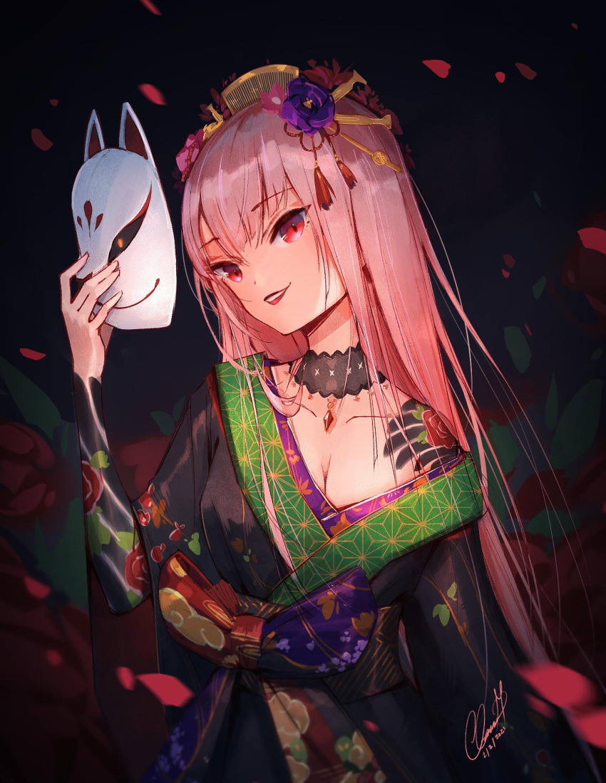 1girl alternate_costume arm_tattoo black_kimono breasts camellia choker clarenceman0605 cleavage dated floral_print flower fox_mask gem grin hair_flower hair_ornament hand_up highres holding holding_mask hololive hololive_english japanese_clothes kanzashi kimono lace lace_choker large_breasts lips lipstick long_hair looking_at_viewer makeup mask mori_calliope off_shoulder off_with_their_heads oiran pink_hair red_eyes shoulder_tattoo signature smile smirk solo tassel tattoo very_long_hair virtual_youtuber whorled_clouds