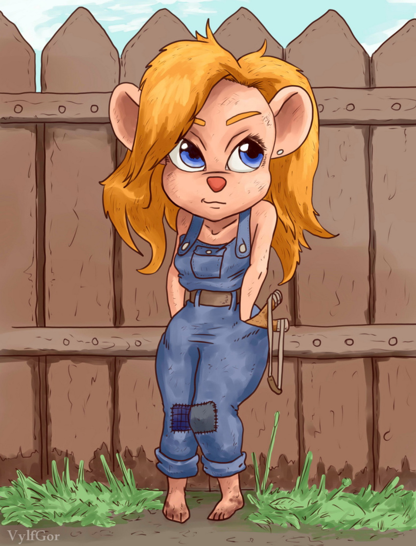 anthro blonde_hair blue_eyes chip_'n_dale_rescue_rangers clothing disney ear_piercing female fence gadget_hackwrench hair hi_res looking_at_another mammal mouse murid murine overalls piercing ranged_weapon rodent slingshot solo tomboy vylfgor weapon