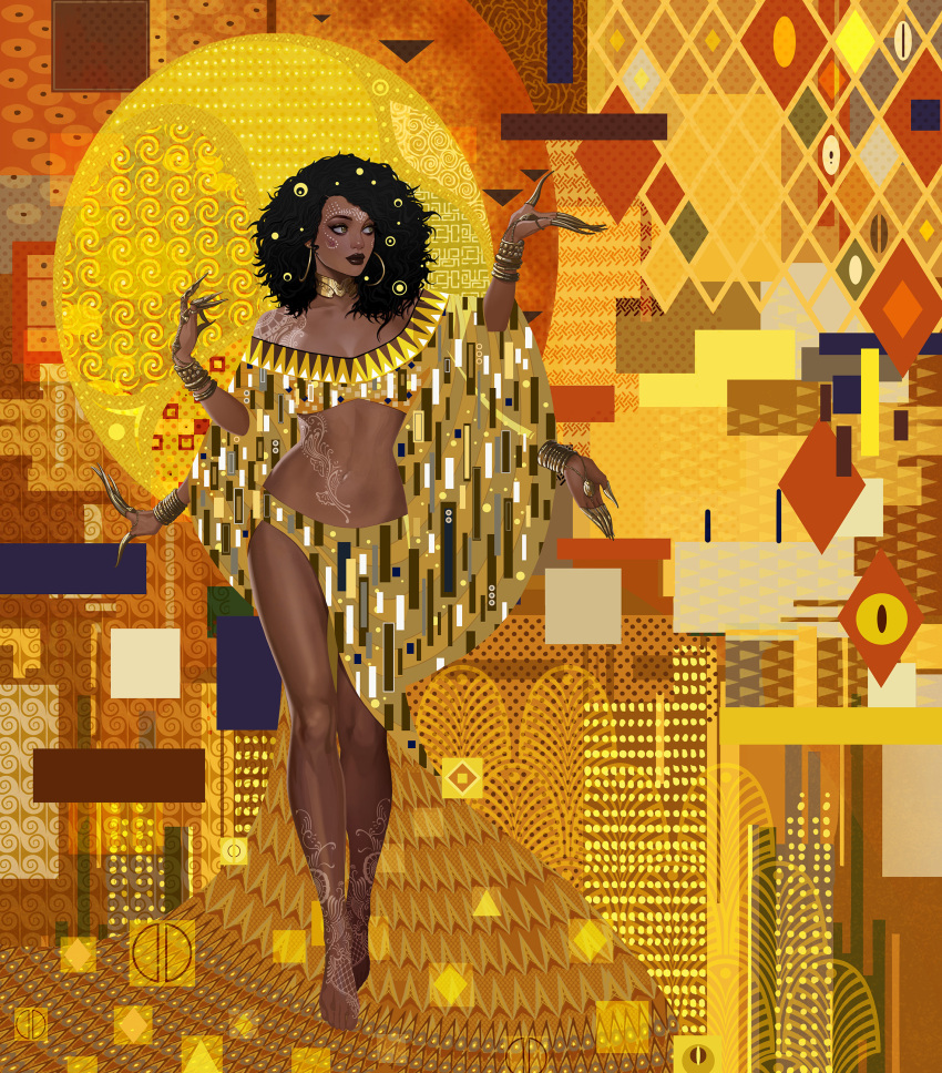 1girl absurdres bangle bare_shoulders barefoot big_hair black_hair black_lips bracelet breasts claw_ring cleavage dark_skin dark_skinned_female earrings english_commentary extra_arms facial_tattoo fine_art_parody full_body gold gold_choker gold_trim gustav_klimt_(style) highres hoop_earrings jewelry lips lipstick looking_to_the_side makeup medium_breasts medium_hair midriff navel original parody shoulder_tattoo solo stomach tattoo thighs toes toned very_dark_skin walking william_nichols