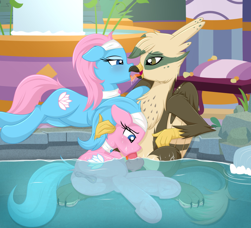 absurd_res aloe_(mlp) avian butt equid equine fellatio female feral french_kissing friendship_is_magic genitals group group_sex gryphon hasbro hi_res horse kissing lotus_(mlp) male male/female mammal my_little_pony mythological_avian mythology oral partially_submerged penile penis pony pussy rainbownspeedash semi_incest sex sibling sister sisters threesome trio water