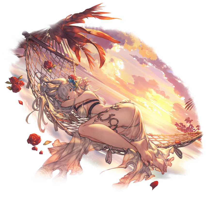 1girl alpha_transparency animal_ears ass bad_anatomy bangs barefoot beach bikini blue_eyes blue_flower blunt_bangs breasts cleavage closed_mouth cloud erune feet flower granblue_fantasy hair_flower hair_ornament hammock korwa large_breasts long_hair looking_at_viewer lying minaba_hideo ocean official_art on_side outdoors red_flower rose silver_hair sky smile soles solo sunset swimsuit toes transparent_background