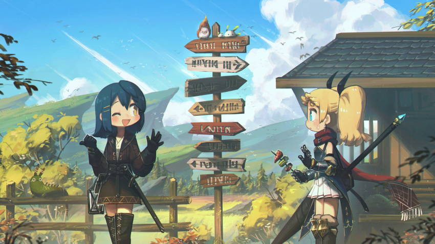 2girls absurdres armor bird black_gloves blonde_hair blue_eyes blue_hair blue_sky boots brown_jacket building cloud creature cressey_(porforever) day earrings fence food gloves hair_ornament hairclip highres holding holding_food jacket jewelry kebab lance lantern long_sleeves looking_at_another medium_hair mountain multiple_girls one_eye_closed open_mouth original outdoors plant pleated_skirt polearm porforever red_scarf scarf sheath sheathed signpost skirt sky sleeveless smile standing sweat sword thigh_boots thighhighs tree twintails weapon white_skirt wide_shot yellow_eyes