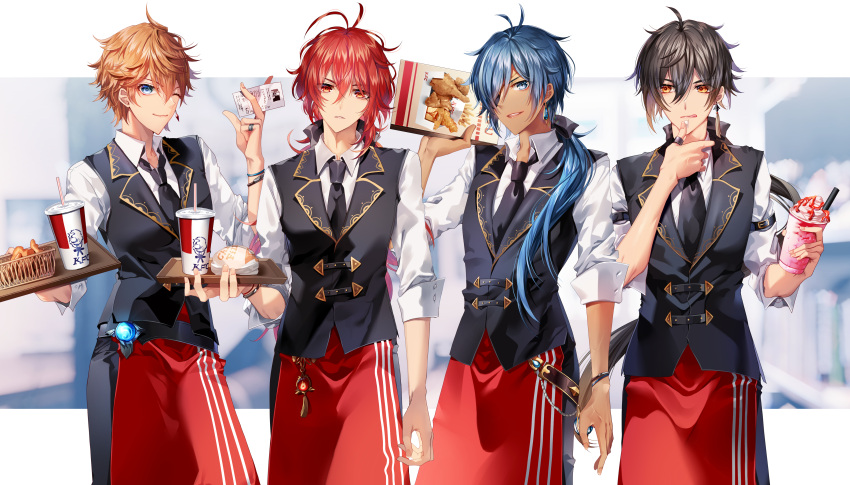 4boys :q absurdres ahoge antenna_hair apron bangs black_hair black_neckwear black_vest blonde_hair blue_eyes blue_hair box brown_eyes collared_shirt commentary_request cup diluc_(genshin_impact) disposable_cup drinking_straw earrings eyepatch fingernails food genshin_impact hamburger highres holding holding_box holding_paper holding_plate jewelry kaeya_(genshin_impact) long_sleeves looking_at_viewer male_focus multiple_boys necktie one_eye_closed paper plate red_apron red_eyes red_hair shirt short_hair single_earring sleeves_pushed_up standing tartaglia_(genshin_impact) tassel tassel_earrings thumb_ring tongue tongue_out uniform urashima_(hidoro_mgmg) vest vision_(genshin_impact) white_shirt wristband zhongli_(genshin_impact)