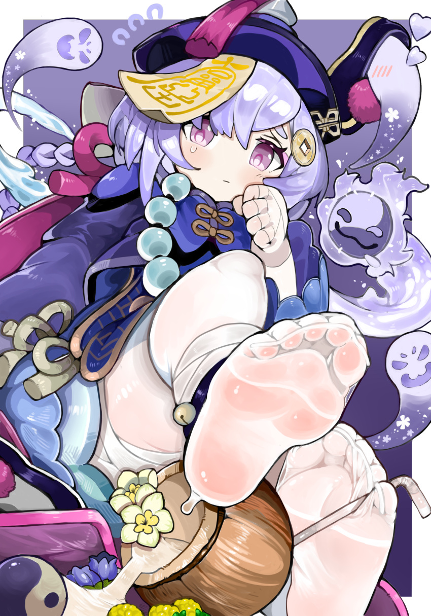 1girl absurdres bangs bead_necklace beads blue_dress blue_headwear blush braid braided_ponytail breasts coconut coin_hair_ornament dress drinking_straw feet flower fruit_cup genshin_impact ghost hat highres jewelry jiangshi legs long_hair long_sleeves looking_at_viewer menthako necklace ofuda purple_eyes purple_hair qing_guanmao qiqi_(genshin_impact) small_breasts soles thighhighs thighs toes very_long_hair white_legwear