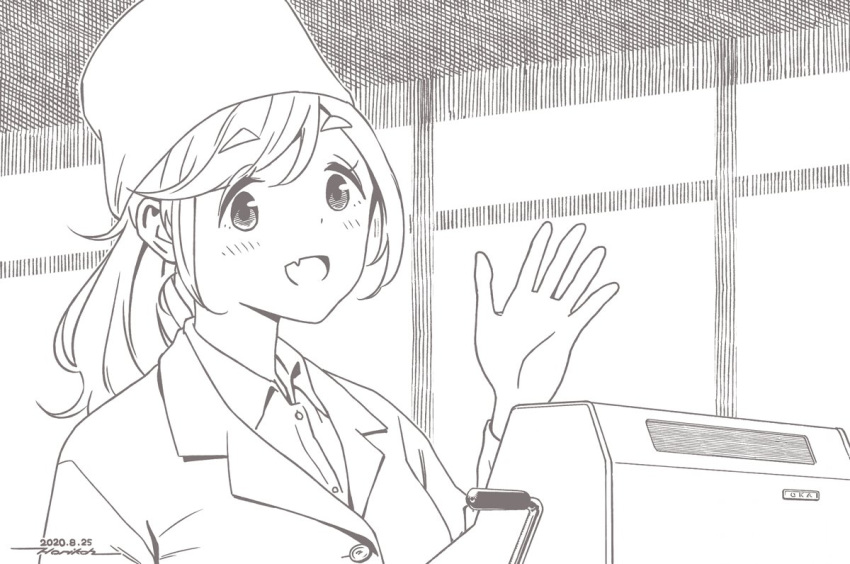 1girl brown_theme buttoned cash_register cashier chef_hat coat commentary employee_uniform eyebrows_visible_through_hair fang fang_out hat head_tilt horikou inuyama_aoi monochrome shop skin_fang soviet store_clerk thick_eyebrows toque_blanche uniform waving white_coat yurucamp