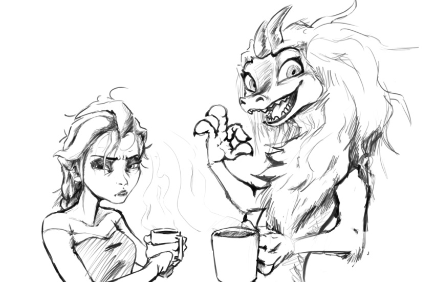 anthro aquatic_dragon beverage coffee coffee_mug dragon duo female frozen_(movie) general_proton hair human mammal marine messy_hair monochrome ok_hand_sign open_mouth pouting queen_elsa_(frozen) simple_background sisu_(ratld) smile steam teeth