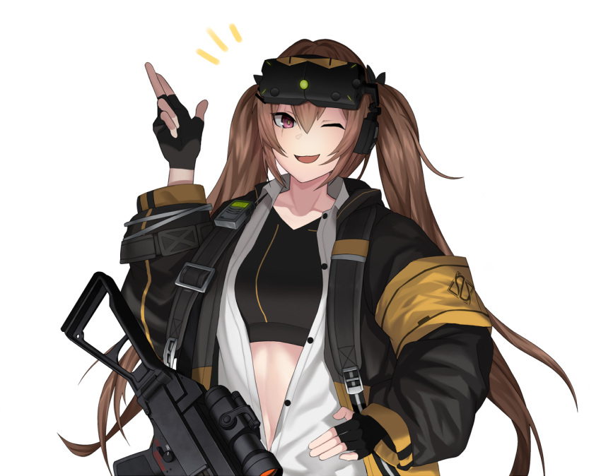 1girl black_gloves bodysuit breasts brown_hair cero_(last2stage) eyebrows_visible_through_hair eyewear_on_head fingerless_gloves girls_frontline gloves gun h&amp;k_ump hand_up index_finger_raised jacket long_hair looking_at_viewer one_eye_closed open_clothes open_jacket open_mouth open_shirt over_shoulder purple_eyes scar scar_across_eye shirt smile solo submachine_gun twintails ump9_(girls_frontline) weapon weapon_over_shoulder white_background white_shirt