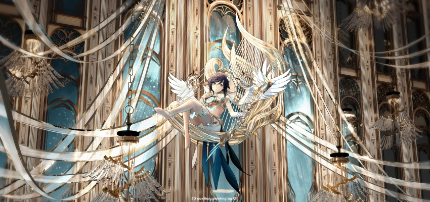 1boy absurdres alternate_costume androgynous bangs barefoot black_hair blue_hair bow_(weapon) braid capelet chandelier chest_tattoo cii_(1415509675) closed_mouth crop_top detached_sleeves feathered_wings flower genshin_impact gradient_hair green_eyes hair_flower hair_ornament harp highres holding holding_bow_(weapon) holding_weapon hood hood_down hooded_capelet huge_filesize instrument leg_tattoo long_sleeves looking_at_viewer male_focus midriff multicolored_hair no_shoes short_hair_with_long_locks shorts single_thighhigh sitting sleeveless soles solo tagme tattoo thighhighs twin_braids venti_(genshin_impact) weapon white_flower white_legwear white_shorts wings