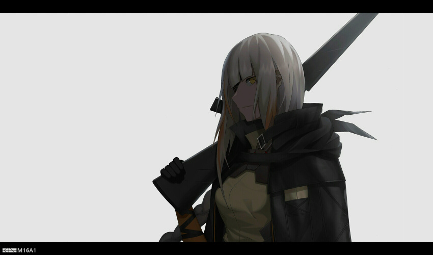 1girl assault_rifle black_eyepatch black_gloves black_jacket cero_(last2stage) character_name closed_mouth eyebrows_visible_through_hair eyepatch girls_frontline gloves gun highres holding holding_weapon jacket long_hair looking_at_viewer m16 m16a1 m16a1_(girls_frontline) m16a1_(girls_frontline)_(boss) multicolored_hair open_clothes open_jacket rifle shirt silver_hair simple_background solo weapon yellow_eyes yellow_shirt