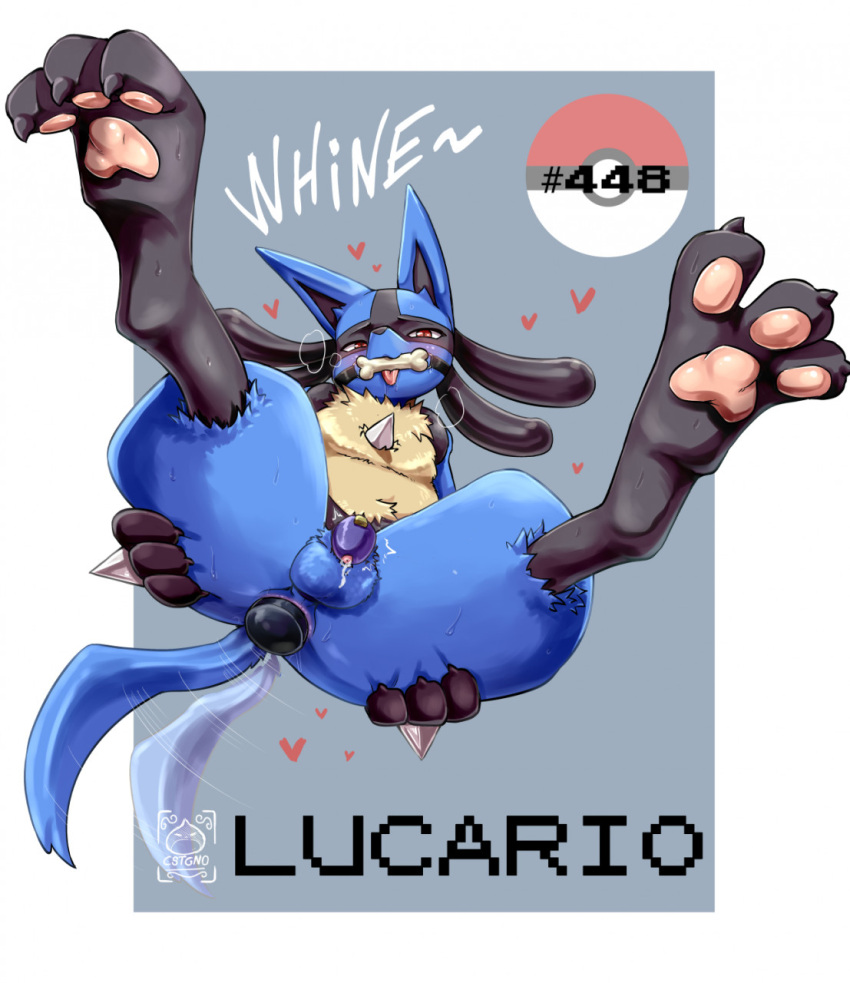 &lt;3 ahegao balls bone_gag butt buttplug castagno chastity_cage chastity_device english_text foot_focus gag gagged genitals hand_on_butt hi_res leaking_precum looking_pleasured lucario male nintendo pawpads paws pok&eacute;mon pok&eacute;mon_(species) presenting presenting_hindquarters sex_toy solo text tongue tongue_out video_games wagging watermark whining