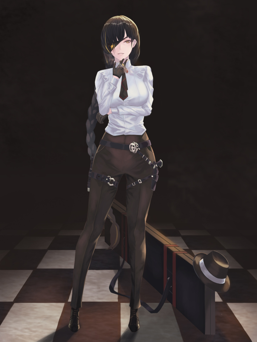 1girl absurdres arm_support belt black_belt black_eyepatch black_footwear black_gloves black_headwear black_neckwear black_pants braid braided_ponytail breasts brown_eyes brown_hair checkered checkered_floor cigar floor formal girls_frontline gloves gun hat hat_removed headwear_removed highres holding holding_cigar holstered_weapon long_hair looking_at_viewer m16a1_(girls_frontline) medium_breasts multicolored_hair necktie open_mouth pants scar scar_across_eye shirt simple_background smoking solo standing suit un_lim weapon weapon_case white_shirt