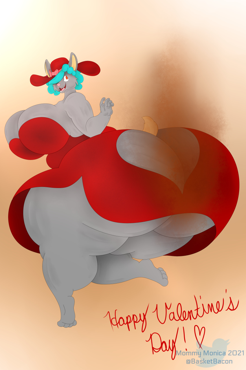 2021 absurd_res anthro baconbasket big_breasts big_butt breasts butt canid canine canis clothed clothing digital_drawing_(artwork) digital_media_(artwork) digital_painting_(artwork) english_text fart fart_cloud female hair hat headgear headwear hi_res huge_breasts huge_butt hyper hyper_breasts hyper_butt mammal monica_(baconbasket) musk obese obese_anthro obese_female overweight overweight_anthro overweight_female signature simple_background smile solo ssbbw text thick_thighs watermark wide_hips wolf