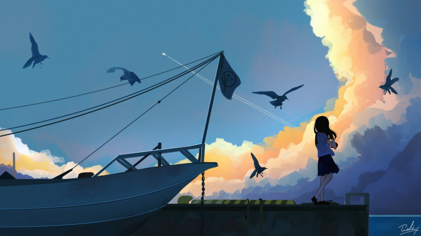 1girl bird black_hair cloud cloudy_sky original pier scenery school_uniform seagull serafuku ship sky solo tochichima watercraft