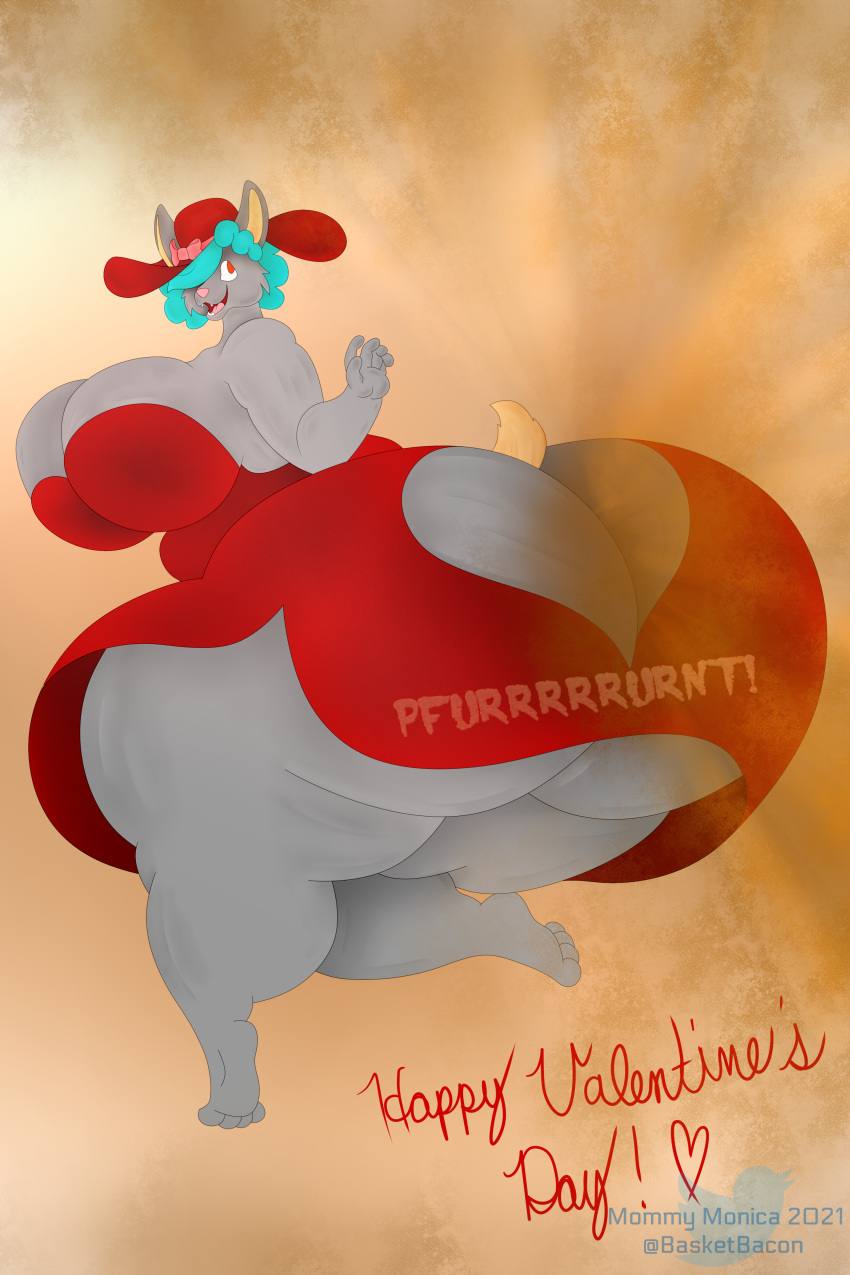 2021 absurd_res anthro baconbasket big_breasts big_butt breasts butt canid canine canis clothed clothing digital_drawing_(artwork) digital_media_(artwork) digital_painting_(artwork) english_text fart fart_cloud fart_fetish female hair hat headgear headwear hi_res huge_breasts huge_butt hyper hyper_breasts hyper_butt mammal monica_(baconbasket) musk obese obese_anthro obese_female overweight overweight_anthro overweight_female shaded signature simple_background smile solo ssbbw sun_hat text thick_thighs watermark wide_hips wolf