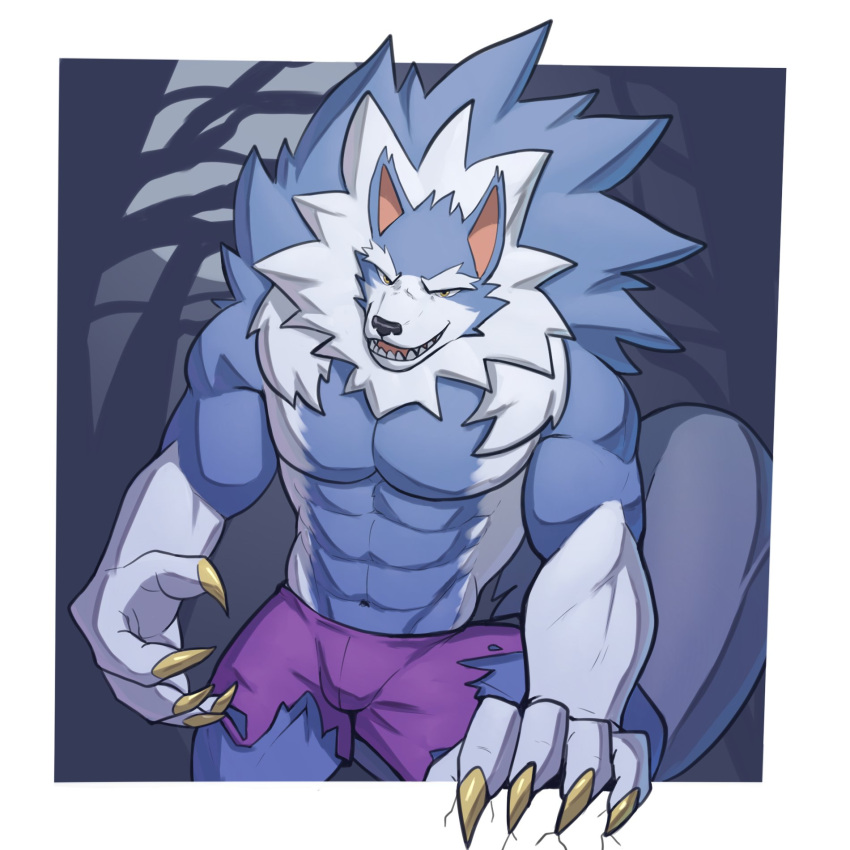 2021 abs amber_eyes anthro biceps blue_body blue_fur bottomwear bulge canid canine canis capcom claws clothed clothing damaged_clothing darkstalkers fangs finger_claws fur hi_res jon_talbain jrjresq male mammal multicolored_body multicolored_fur muscular muscular_anthro muscular_male neck_tuft open_mouth pants pecs quads sharp_teeth shorts skimpy solo teeth tongue torn_bottomwear torn_clothing torn_pants triceps tuft two_tone_body two_tone_fur video_games were werecanid werecanine werewolf white_body white_fur wolf