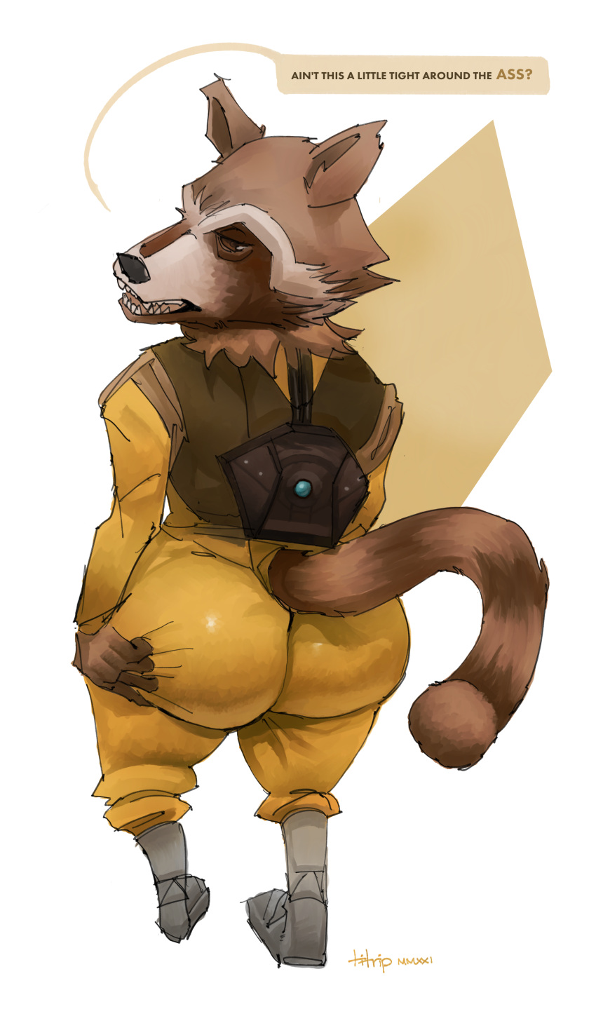 2021 absurd_res anthro big_butt brown_body brown_fur butt clothed clothing colored digital_media_(artwork) fur guardians_of_the_galaxy hi_res male mammal marvel presenting presenting_hindquarters procyonid raccoon rocket_raccoon signature simple_background solo speech_bubble text titrip white_background