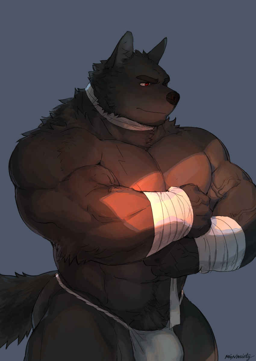 abs anthro armwear asian_clothing biceps big_muscles black_body black_fur bulge canid canine canis clothing east_asian_clothing facial_tuft fundoshi fur hi_res invalid_tag japanese_clothing male mammal mixvariety muscular muscular_anthro muscular_male neckwear pecs pupils red_pupils solo underwear wolf