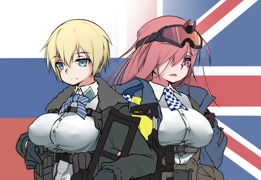 2girls armedshipyard bangs black_jacket blonde_hair blue_eyes blue_jacket breasts closed_mouth eyewear_on_head girls_frontline gun holding holding_weapon jacket large_breasts long_hair looking_away mole mole_under_eye multiple_girls open_clothes open_jacket open_mouth pink_hair police police_uniform purple_eyes rifle russian_flag shirt short_hair sig_mcx_(girls_frontline) sig_sauer uniform union_jack vsk-94 vsk-94_(girls_frontline) weapon white_shirt