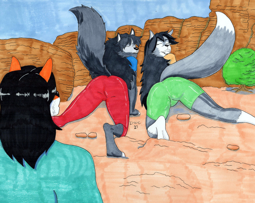 andrew_(acebird1234) anthro butt canid canine canis dire_wolf dreadwolfclaw1990 exercise female female/female fox hi_res hiking male mammal presenting presenting_hindquarters sarah_(acebird1234) sybil_mccready sybil_vaadia wolf workout
