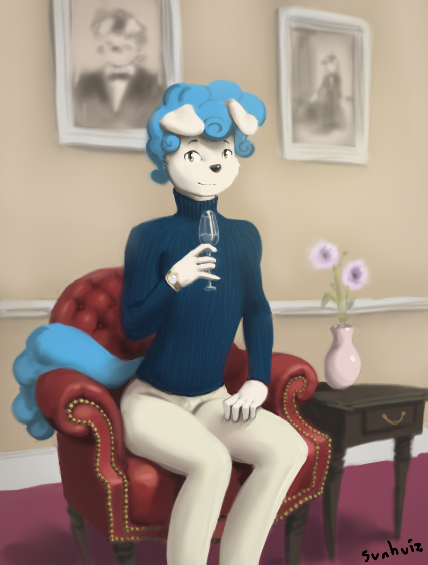 absurd_res anthro blue_hair canid canine canis chair domestic_dog drinking_glass furniture george_(sunhuiz) hair hi_res looking_at_viewer male mammal solo sunhuiz turtleneck_sweater