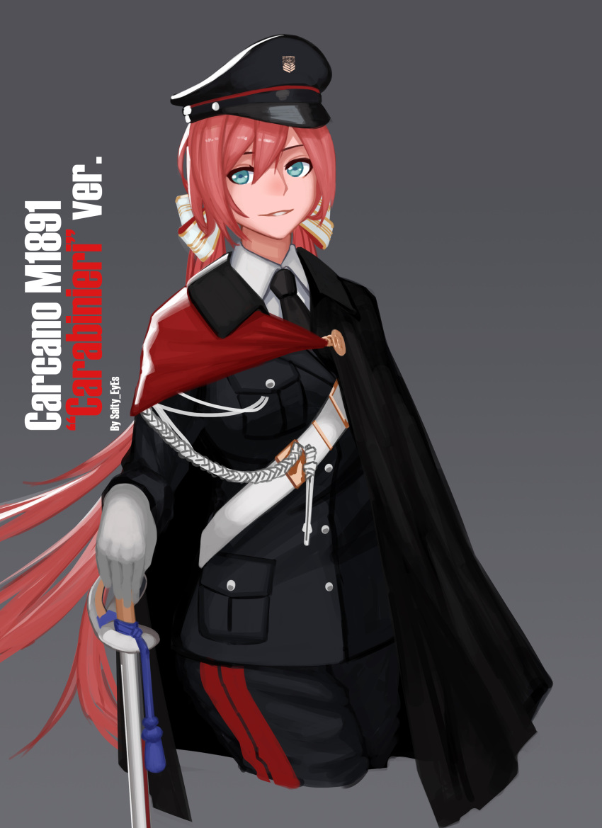 1girl absurdres aqua_eyes artist_name black_cloak black_headwear black_jacket black_neckwear black_pants carabinieri carcano_m1891_(girls_frontline) character_name cloak closed_mouth english_text eyebrows_visible_through_hair girls_frontline gloves hair_ribbon hat highres holding holding_sword holding_weapon jacket long_hair looking_at_viewer military military_hat military_uniform necktie pants pink_hair rapier ribbon salty_eyes shirt simple_background smile solo sword uniform weapon white_gloves white_shirt
