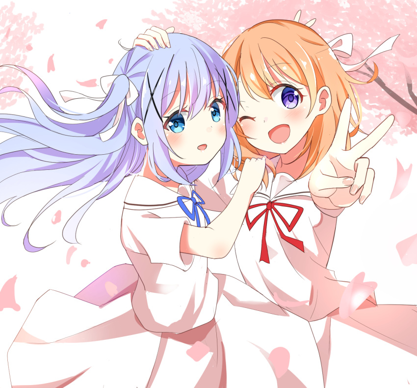 2girls ;d bangs blue_eyes blue_hair blue_ribbon bow brown_hair commentary_request dress eyebrows_visible_through_hair floating_hair flower gochuumon_wa_usagi_desu_ka? hair_between_eyes hair_bow hair_ornament highres hoto_cocoa kafuu_chino kousaka_nobaku long_hair matching_outfit multiple_girls neck_ribbon one_eye_closed open_mouth outstretched_arms petals pink_flower purple_eyes red_ribbon ribbon sailor_collar sailor_dress smile tree_branch two_side_up v very_long_hair white_bow white_dress white_sailor_collar x_hair_ornament