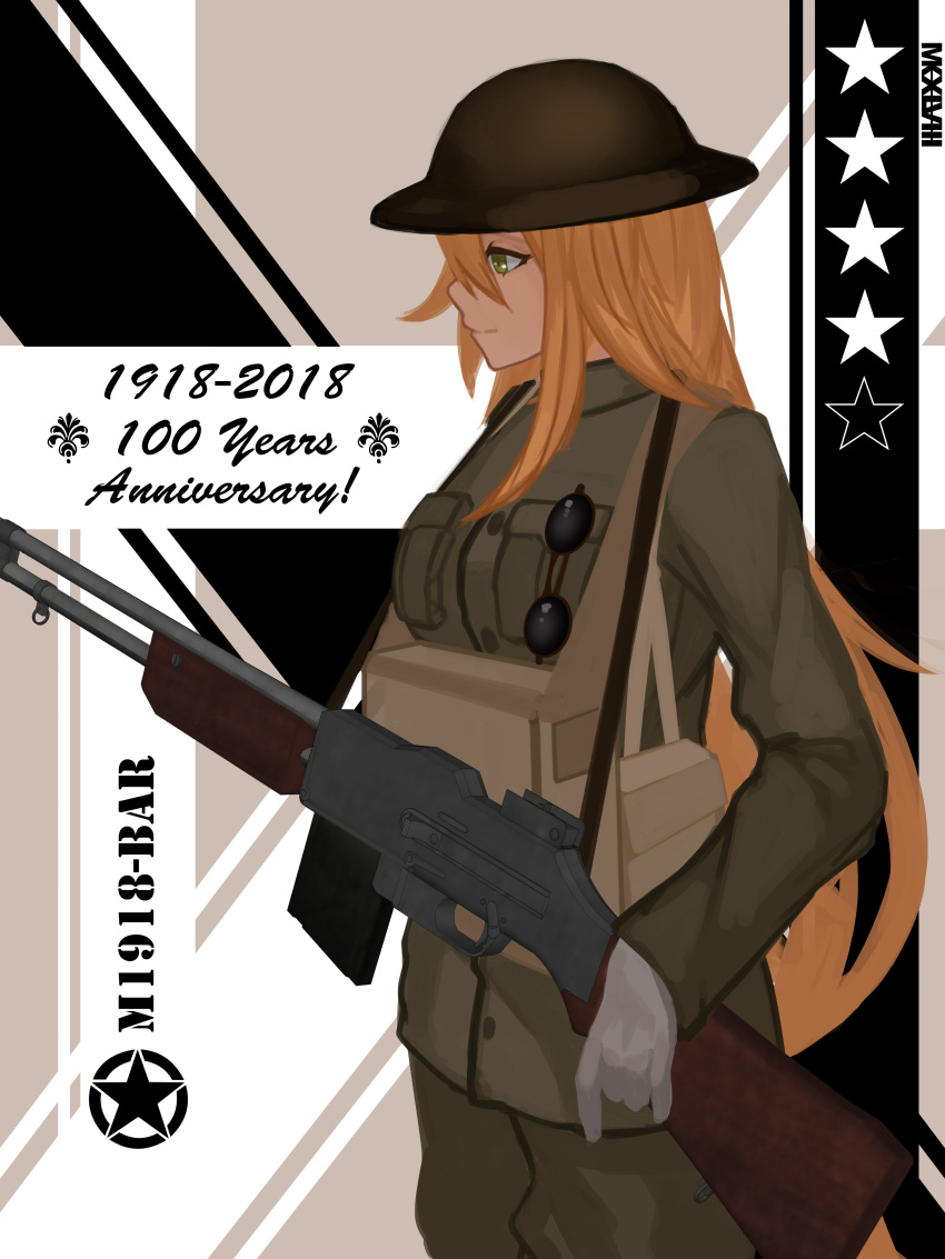 1girl absurdres blonde_hair camouflage character_name closed_mouth english_text eyebrows_visible_through_hair feet_out_of_frame girls_frontline gloves green_eyes gun hat highres holding holding_weapon long_hair looking_away m1918_bar m1918_bar_(girls_frontline) machine_gun military military_hat military_uniform rifle salty_eyes simple_background solo standing uniform weapon white_gloves