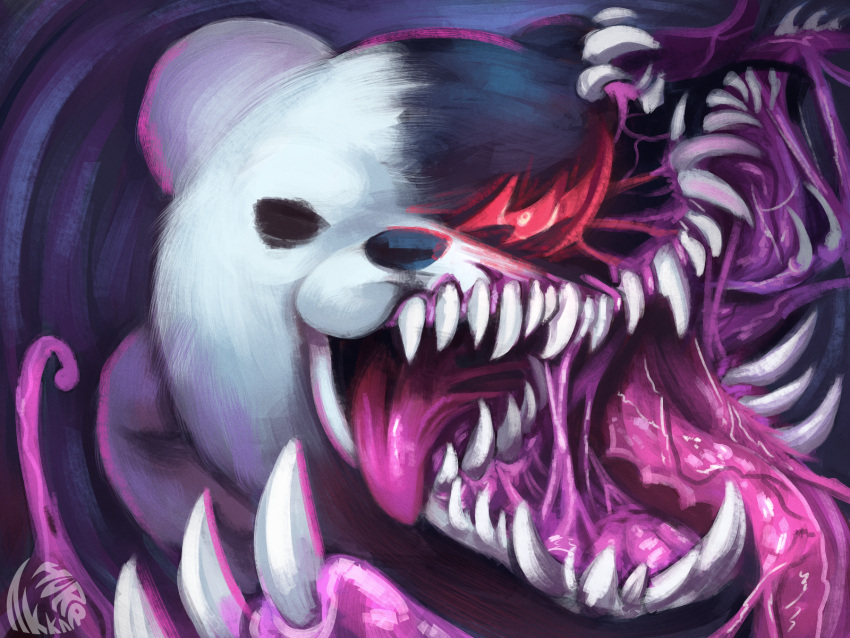 2020 abstract_background angry angry_eyes angry_face anthro big_mouth_(anatomy) black_body black_ears black_eyes black_nose danganronpa detailed glowing glowing_eyes gums hi_res looking_at_viewer machine male mammal monokuma monster multicolored_body multicolored_ears multicolored_eyes nightmare_fuel open_mouth pink_tongue purple_background red_eyes robot round_ears sharp_teeth silverponteo simple_background solo teeth tongue tongue_out ursid video_games white_body white_ears