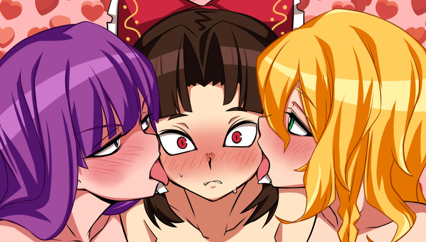 3girls bangs benikurage_(cookie) blonde_hair blunt_bangs blush bow bright_pupils brown_hair cheek_licking commentary_request cookie_(touhou) eyebrows_visible_through_hair face_licking frilled_bow frilled_hair_tubes frills green_eyes hair_between_eyes hair_bow hair_tubes hakurei_reimu heart highres kirisame_marisa licking long_hair looking_at_another looking_at_viewer mars_(cookie) medium_hair multiple_girls nose_blush open_mouth paburisiyasu parted_bangs patchouli_knowledge purple_eyes purple_hair red_bow red_eyes shiny shiny_hair sweat taisa_(cookie) tongue tongue_out upper_body white_pupils yuri